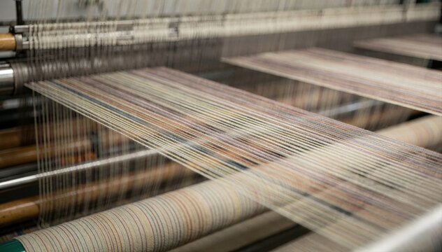 Detailed medium shot of narrow weaving beams neatly loaded with parallel yarns showcasing precision and craftsmanship in textile preparation for looms.