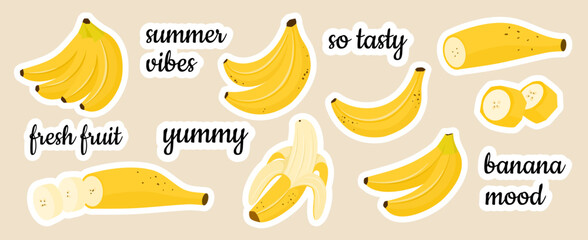 Banana sticker set with whole, sliced and peeled bananas in a flat style. Tropical fruit vector illustrations with trendy hand lettering phrases, perfect for food designs, summer packaging.