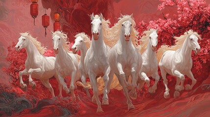 a beautiful dynamic scene of a bunch white horses