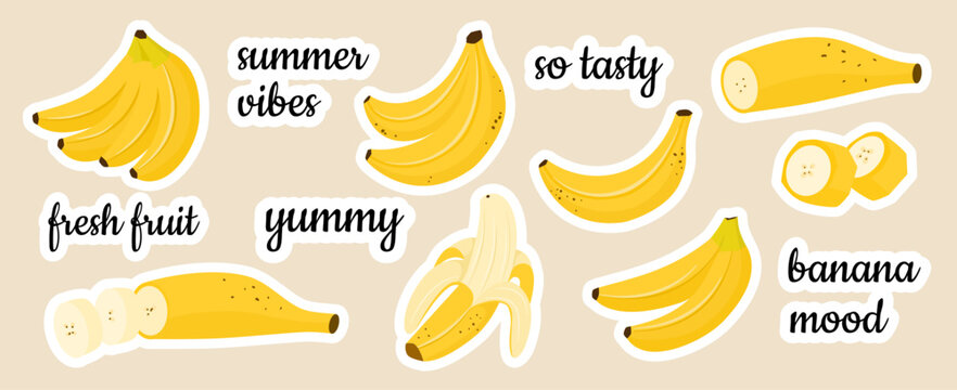 Banana sticker set with whole, sliced and peeled bananas in a flat style. Tropical fruit vector illustrations with trendy hand lettering phrases, perfect for food designs, summer packaging.