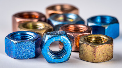 Assorted colorful metallic hex nuts arranged with vibrant blue, gold, and copper tones in a detailed industrial-themed composition on a neutral background