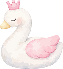 Naklejka premium Graceful crowned swan princess with pink wings cute fairytale bird illustration for children