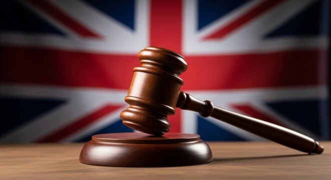 Wooden gavel and sound block with british flag in background symbolizing uk justice system