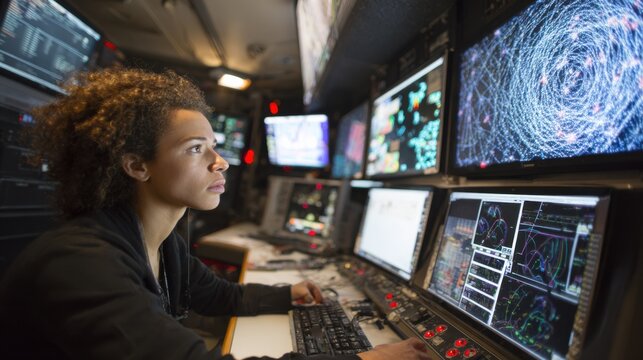 Focused astronomer operates telescope interface panel interpreting space data streams on several interactive monitors in a hightech observatory environment. - Powered by Adobe