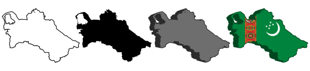 set collections Turkmenistan flag in map icon. Detailed Libya map silhouette. 3D Maps Turkmenistan symbol design template vector illustration