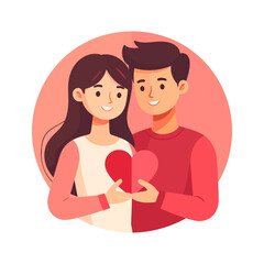 Smiling Couple Holding Two Halves of a Red Heart, Symbolizing Love