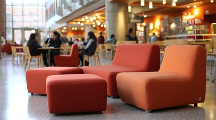 Medium shot of vibrant student commons with modular seating clusters main group of chairs sharply focused background blurry to highlight versatile social and study areas.