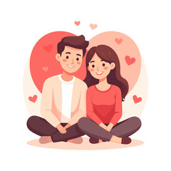 Smiling Young Couple Sitting Together with Hearts and Romantic Background