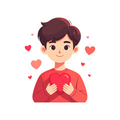 Smiling Cartoon Boy Holding a Big Red Heart with Floating Hearts