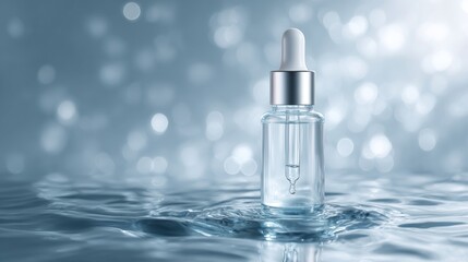 Clear glass serum dropper bottle on water surface with soft bokeh light