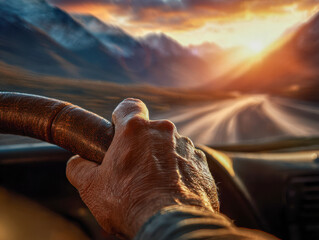 Close-up of an elderly hand gripping a weathered steering wheel while driving on a winding mountain road during a vibrant sunset with dramatic clouds