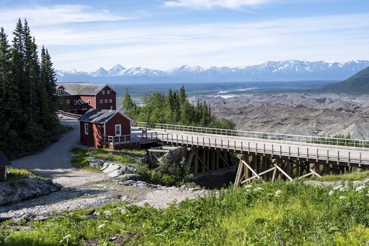 Red Kennicott Buildings in a Mountain Landscape, Historic Kennecott Copper Mine, National Historic Landmark, Wrangell St. Elias National Park, Alaska, USA