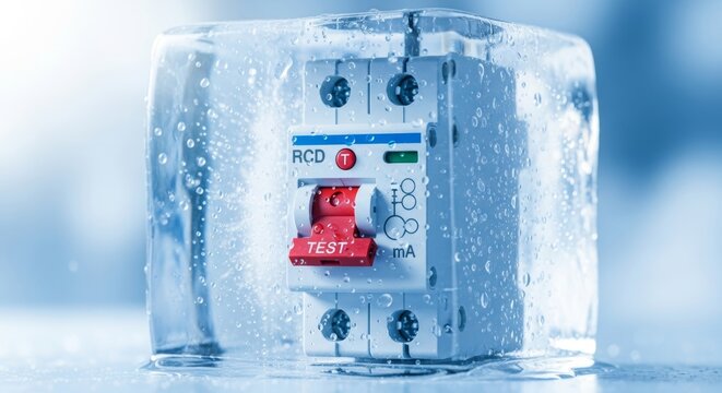 Frozen circuit breaker in ice surrounded by droplets