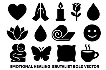 Emotional Healing Icons. Emotional Healing icon set in silhouette bold style. Contain heart, hands together, candle, rose, lotus flower, teardrop, cozy blanket,