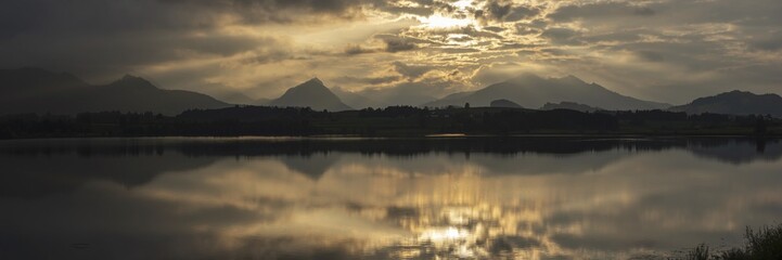 Sunset panorama, Hopfensee, Hopfen am See, near Füssen, Ostallgäu, Allgäu, Bavaria, Germany