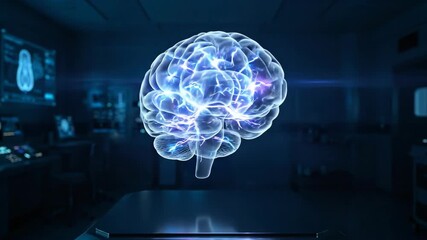 glowing digital human brain hologram above platform in dark high-tech laboratory. futuristic medical research and neurology concept. artificial intelligence technology background. - Powered by Adobe
