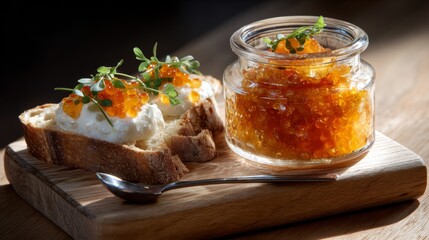 Gourmet salmon roe caviar in glass jar with cream cheese toast