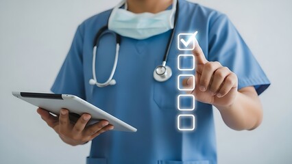 Professional healthcare worker in blue scrubs and stethoscope uses a digital tablet to check off a task on a glowing virtual
