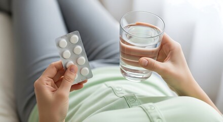 Close-up of a person's hands holding a blister pack of white pills and a glass of water while lying down, indicating medication intake or health routine.