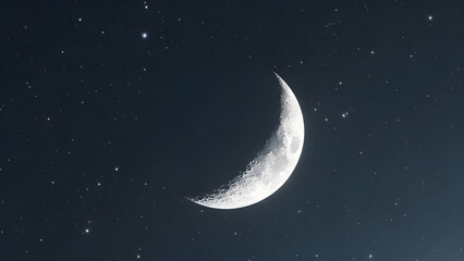 Bright crescent moon illuminated against a dark, starry night sky, symbolizing the beginning of a new lunar cycle or important Islamic events