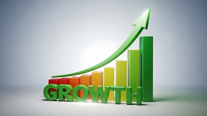 Three dimensional rendering illustrates concept of strong financial progress and increasing business growth represented by rising colorful bars and a bright green arrow.