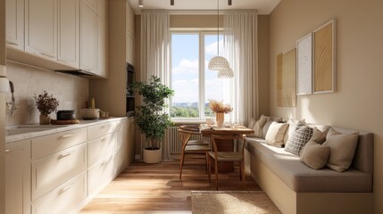 Warm modern kitchen dining nook with natural light