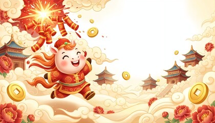 Naklejka premium Playful Chinese New Year Horse Jumping with Firecrackers and Copyspace
