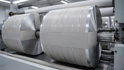 Medium shot of wide fabric bands neatly wrapped on large drums showcasing industrial efficiency and quality control in spool winding.
