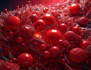 Close-up view of abstract red spheres and intricate network against a red background
