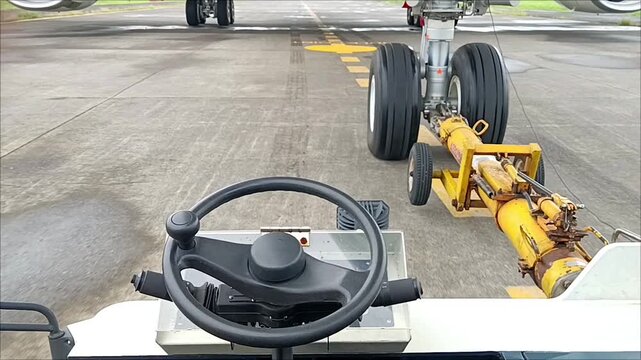 Commercial wide body airplane moved by pushback tug on apron area for routine maintenance inspection