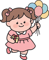 Obraz premium Cute little girl running happily with balloons and gift box. Children's Day vector illustration.