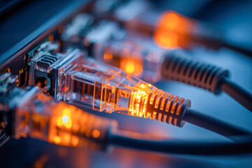 Network cables plugged into a switch glowing with orange led lights indicating active internet connection and data transfer in a technology setup
