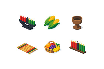 Isometric kwanzaa symbols: kinara, fruits, and corn celebrating unity