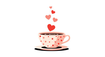 Illustration of a pink polka dot coffee cup filled with dark coffee and small red hearts floating above it on a plain white background.