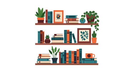 Fototapeta premium Illustration of wooden bookshelves filled with colorful books, potted plants, and framed pictures for a cozy home library and office theme.