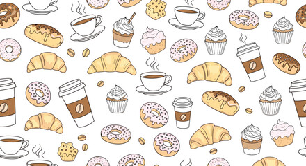Seamless pattern of coffee shop items like take away coffee cups, donuts, croissants, cupcakes, and muffins on a plain white background.