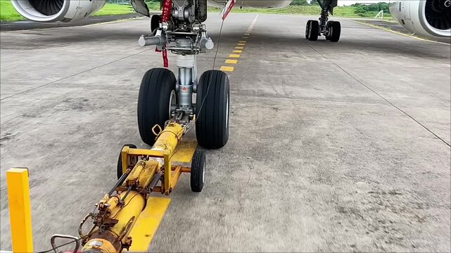 Wide-body commercial aircraft being towed by pushback tractor toward maintenance hangar