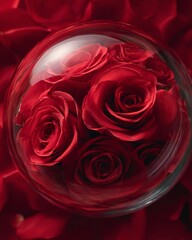 Red roses inside transparent glass sphere romantic floral concept of love elegance and luxury