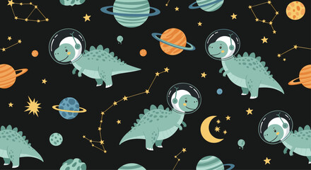 Cute seamless pattern featuring green dinosaurs wearing space helmets floating among planets, stars, and crescent moons in the dark galaxy.