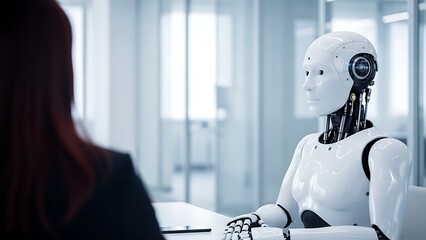 Futuristic humanoid robot in a business meeting with a human in a modern office setting discussing technology and innovation