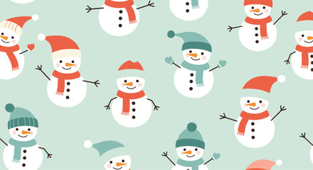 Festive seamless pattern featuring cute snowmen wearing red and green hats and scarves on a light mint green background for winter holidays.