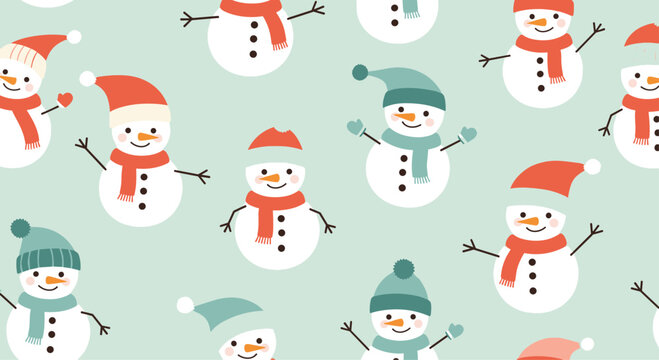 Festive seamless pattern featuring cute snowmen wearing red and green hats and scarves on a light mint green background for winter holidays.