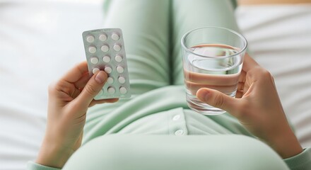 Close-up of a person, possibly pregnant, holding a blister pack of pills and a glass of water while lying down, suggesting medication or supplements.