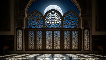 Stunning full moon seen through intricate geometric window frames of palace interior with shadows falling on polished floor in atmospheric night scene