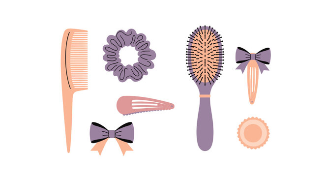 Collection of hair styling accessories including brushes, combs, and decorative clips are shown in a soft pink and purple color palette.
