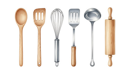 Assorted kitchen utensils including spoons, spatulas, and rolling pins arranged neatly on a clean surface from a straightforward viewpoint