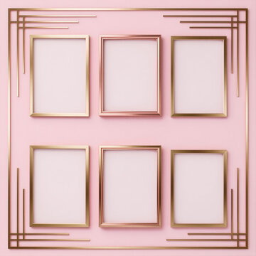 Art Deco-inspired rose gold and pink gold border pack featuring geometric designs for photo frames, with shiny blush details