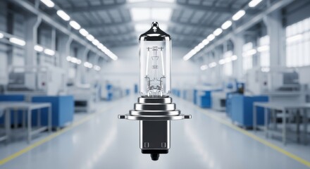 Close-up of halogen light bulb in industrial setting with blurred background