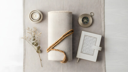 Overhead view of muslim prayer essentials including a folded rug koran book tasbih beads candle and compass on linen