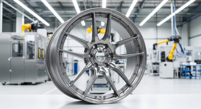 Shiny alloy wheel in modern industrial factory setting